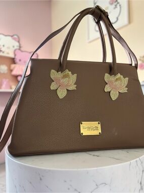 bebe Los Angeles Taupe Floral Applique Tote Satchel Shoulder Crossbody Bag